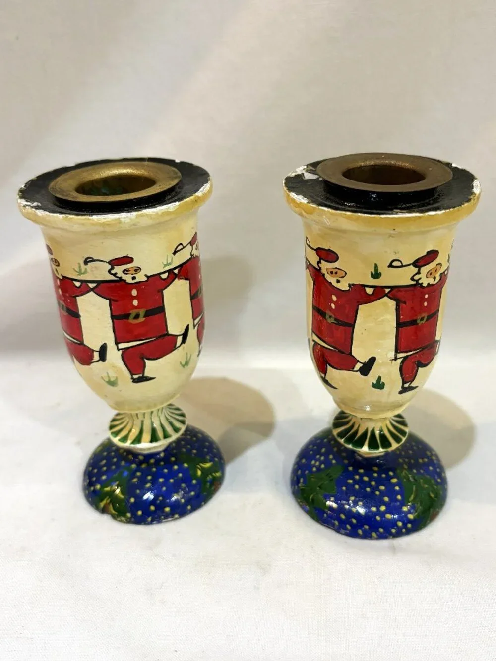 Pair Lacquered Wood Candlestick Holder Brass Insert Hand Painted Dancing Santas